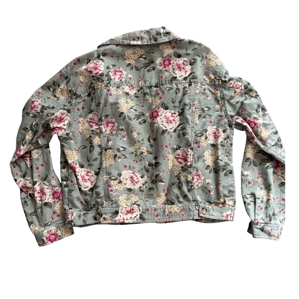 VTG Talbots Floral Linen Cotton Trucker Jacket Women M Cropped Green Cottagecore - Picture 3 of 5